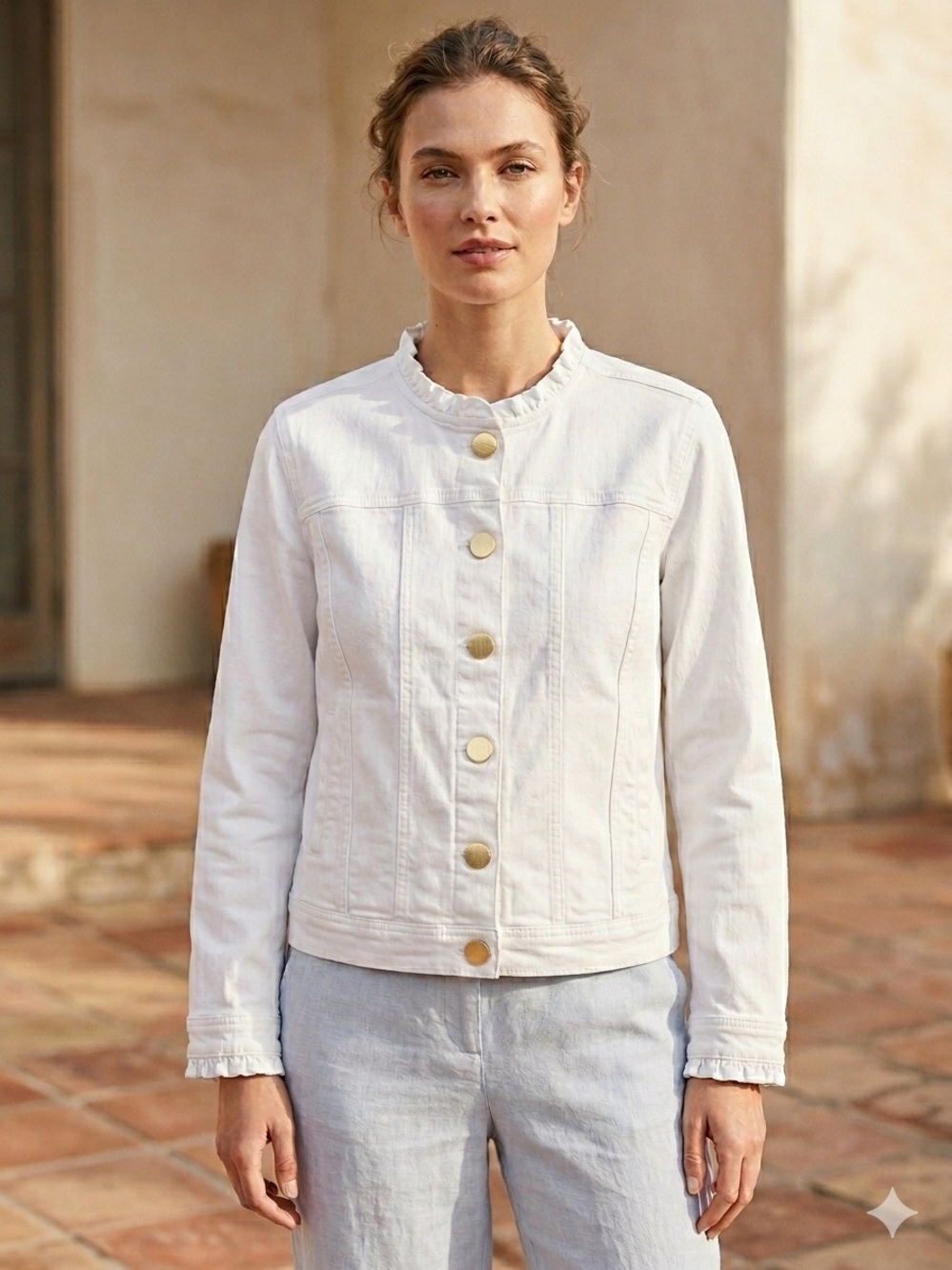Caslon White Ruffle-Trim Button Front Jean Jacket